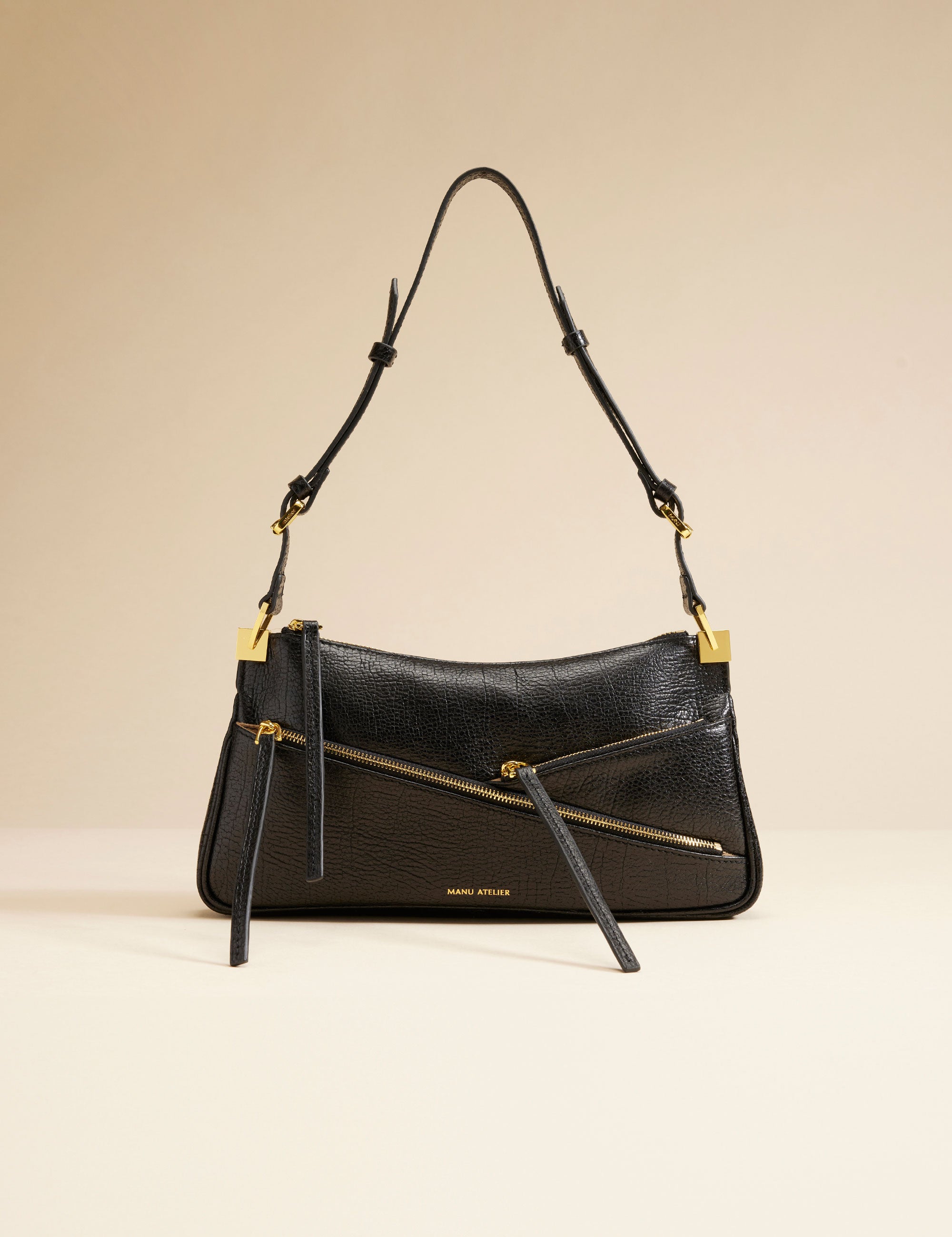 Three Zipped Baguette Grained Calf Leather Black 