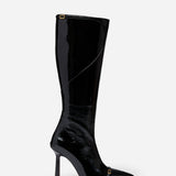Knee High Pointy Toe Boots Black High Gloss