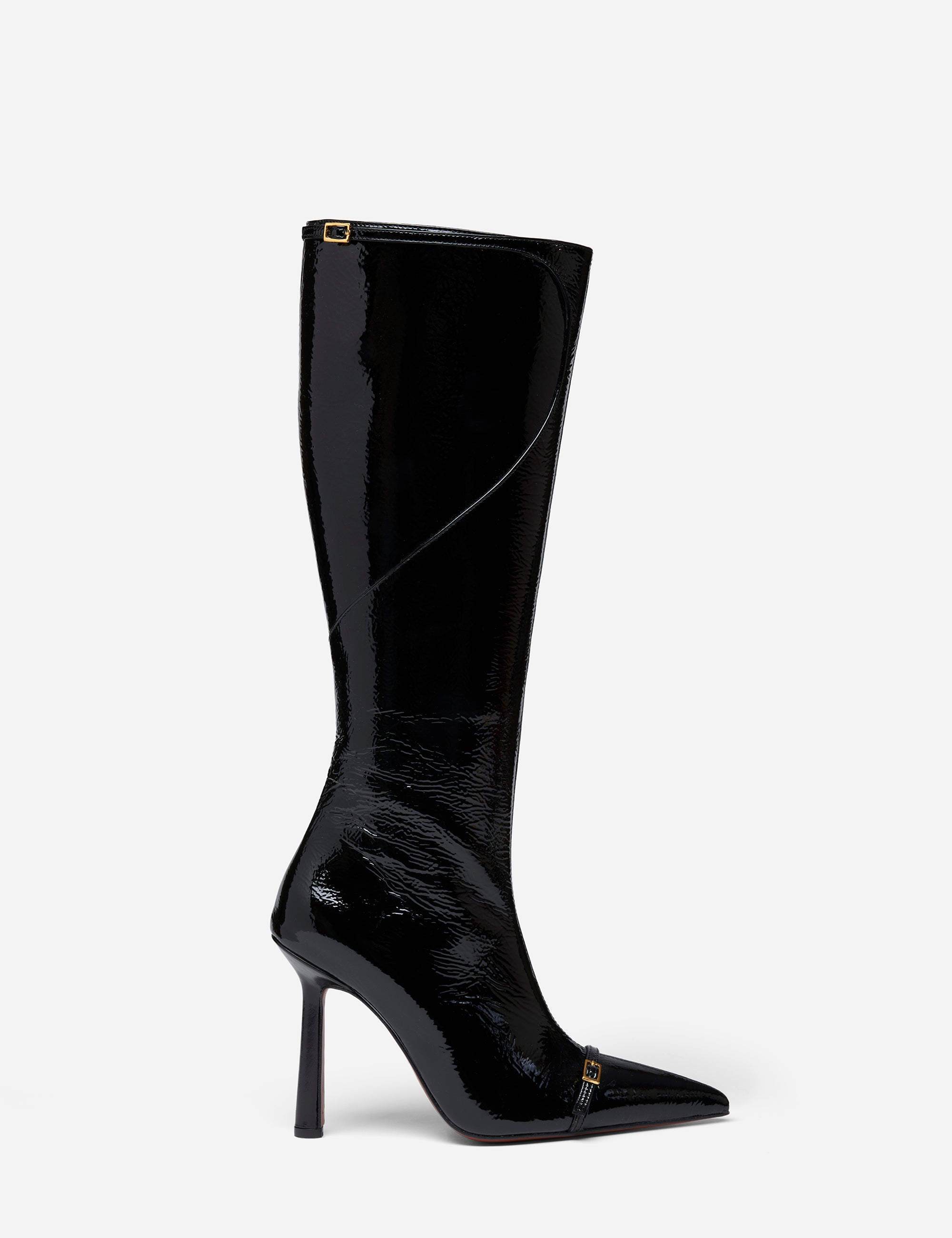 Knee High Pointy Toe Boots Black High Gloss