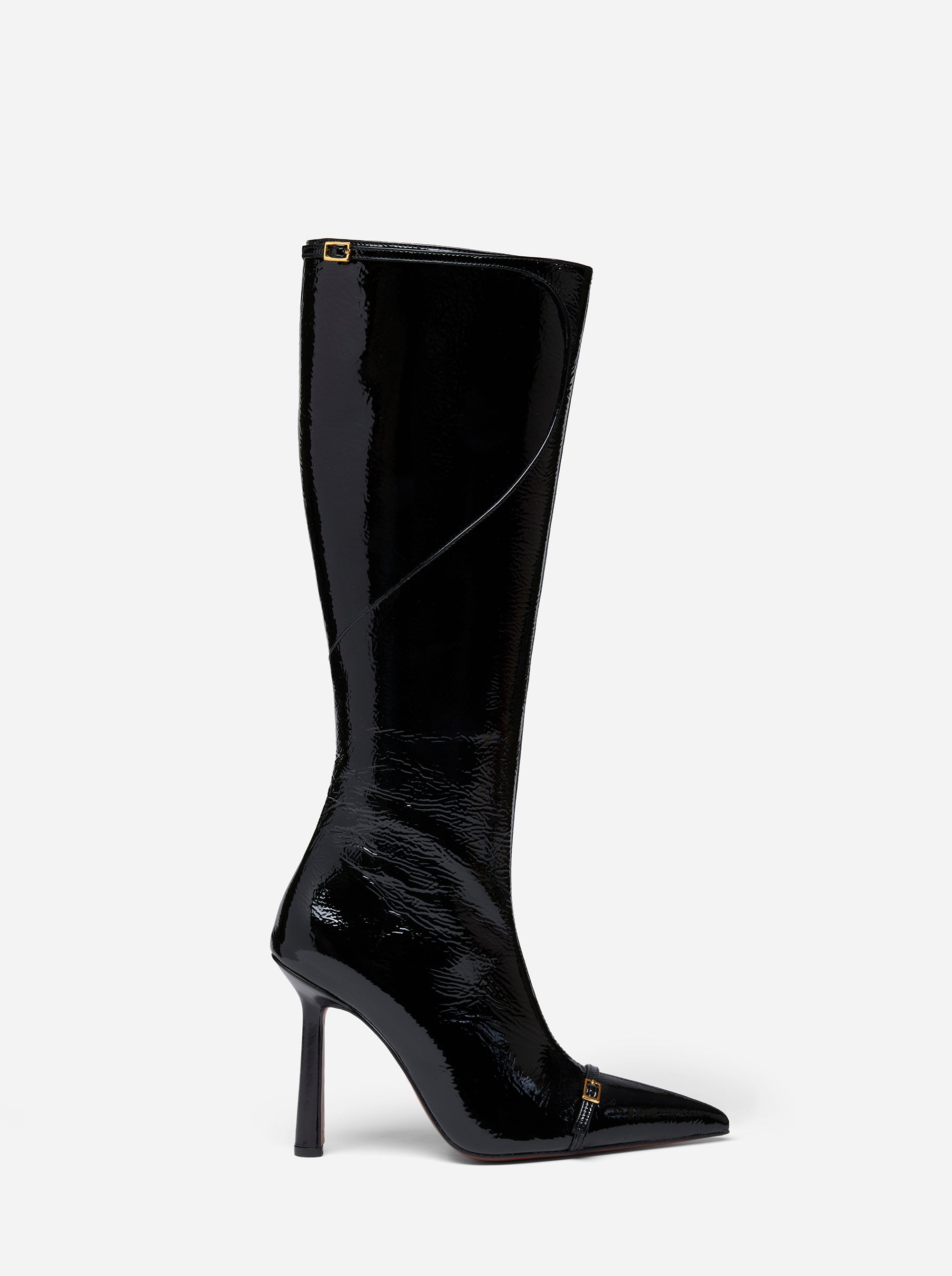 Knee High Pointy Toe Boots Black High Gloss