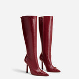 Knee High Pointy Toe Boots Rusty Red High Gloss Side