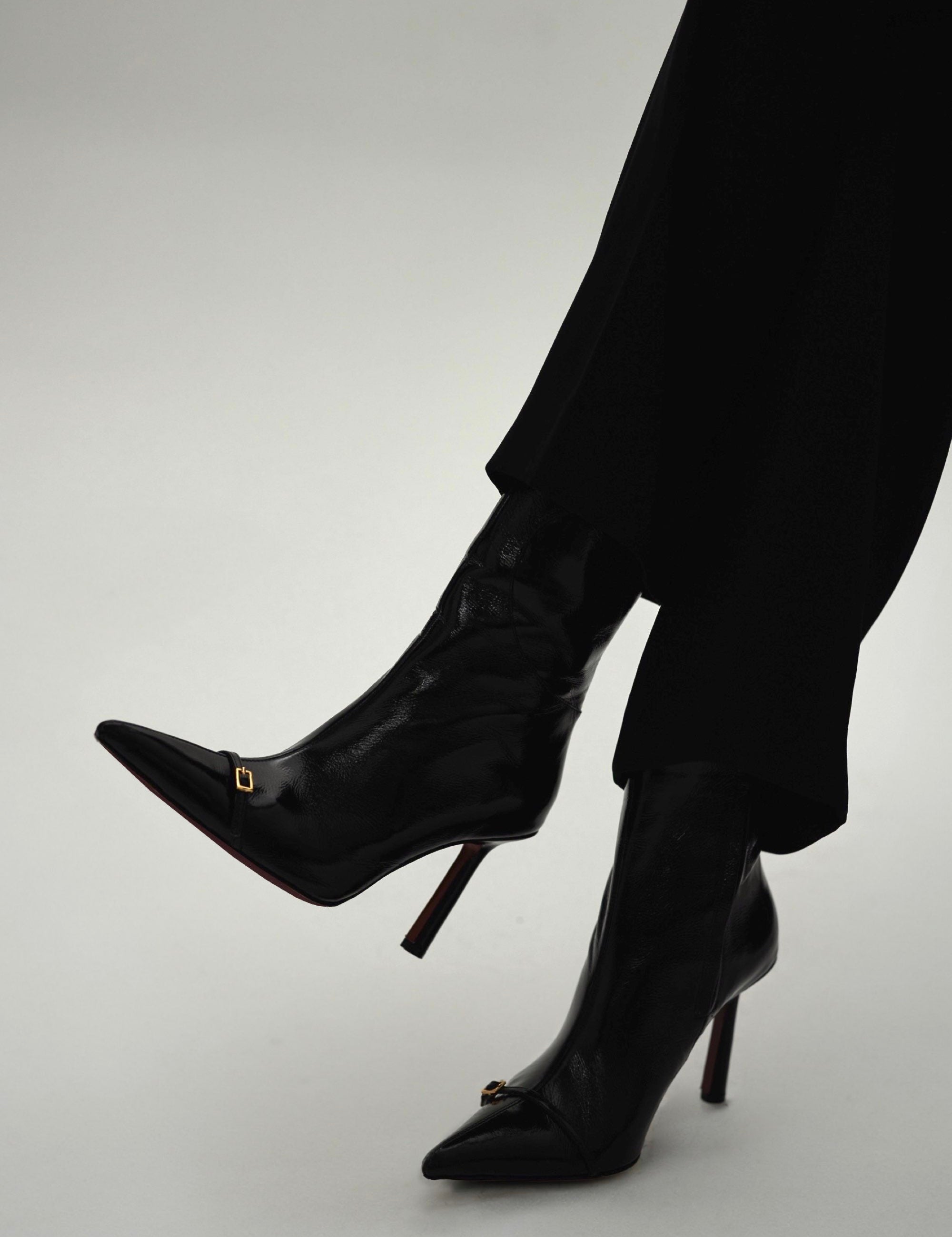 Pointy Toe Ankle Boots Black High Gloss on model