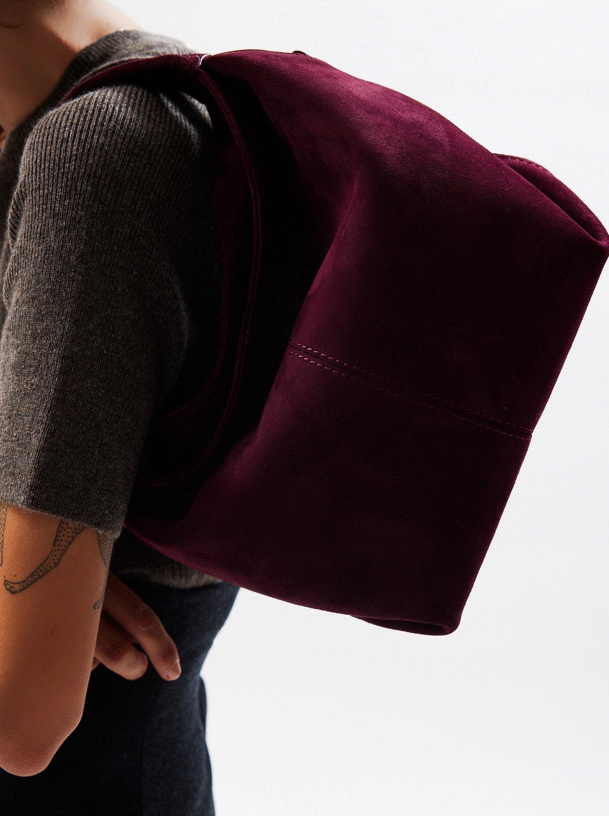 Mini Gala Merlot Suede on model