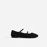 Manu Ballet Flats With Double Belt Black Suede