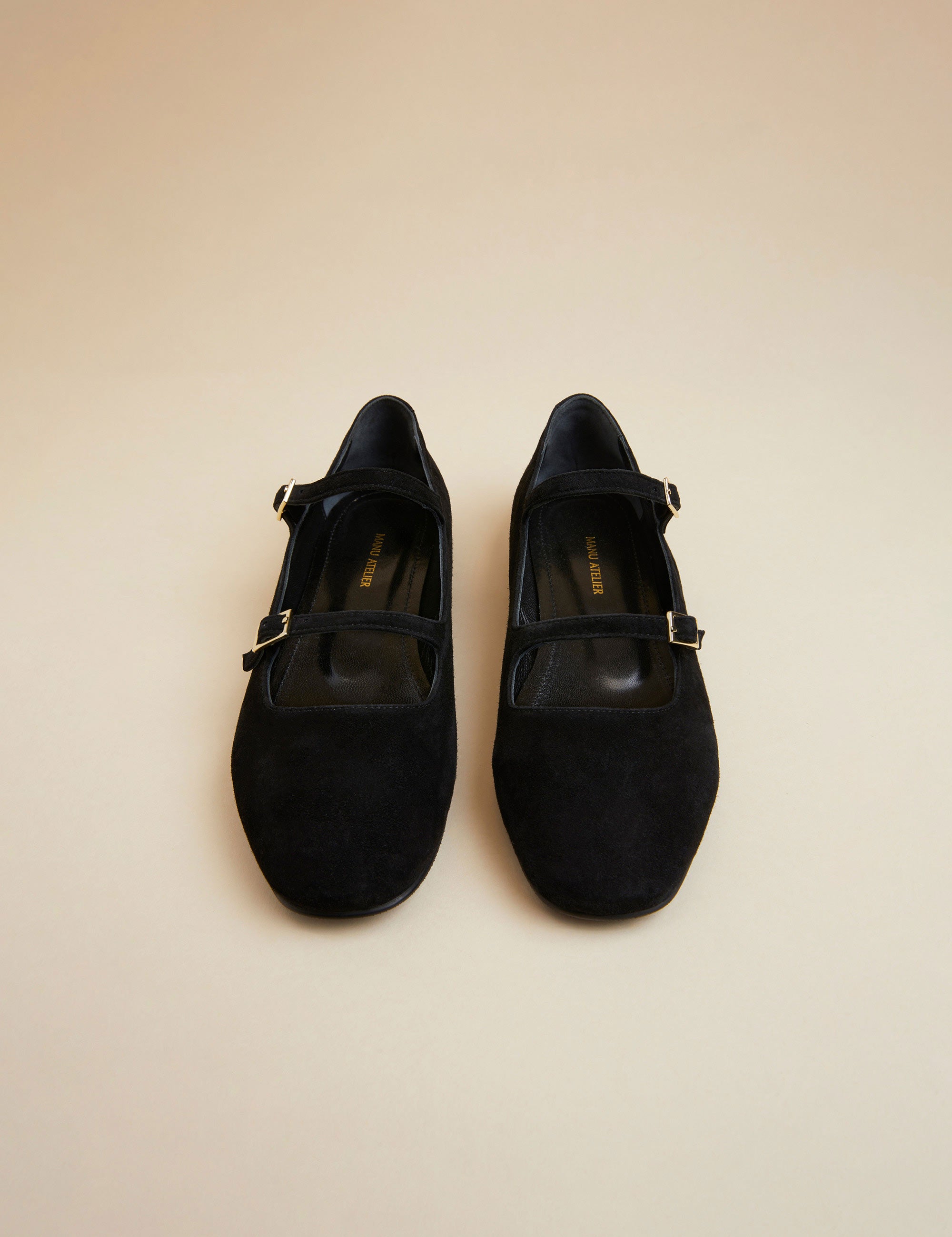 Manu Ballet Flats With Double Belt Black Suede