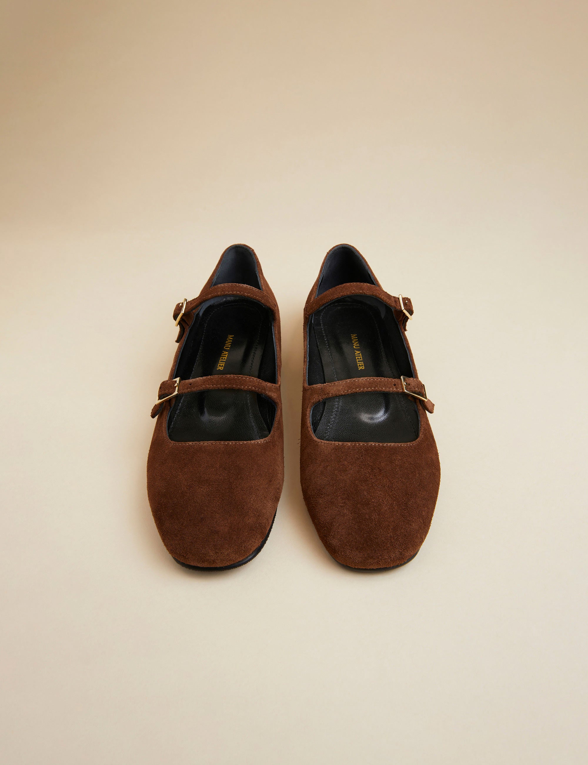 Manu Ballet Flats With Double Belt Chocolate Suede