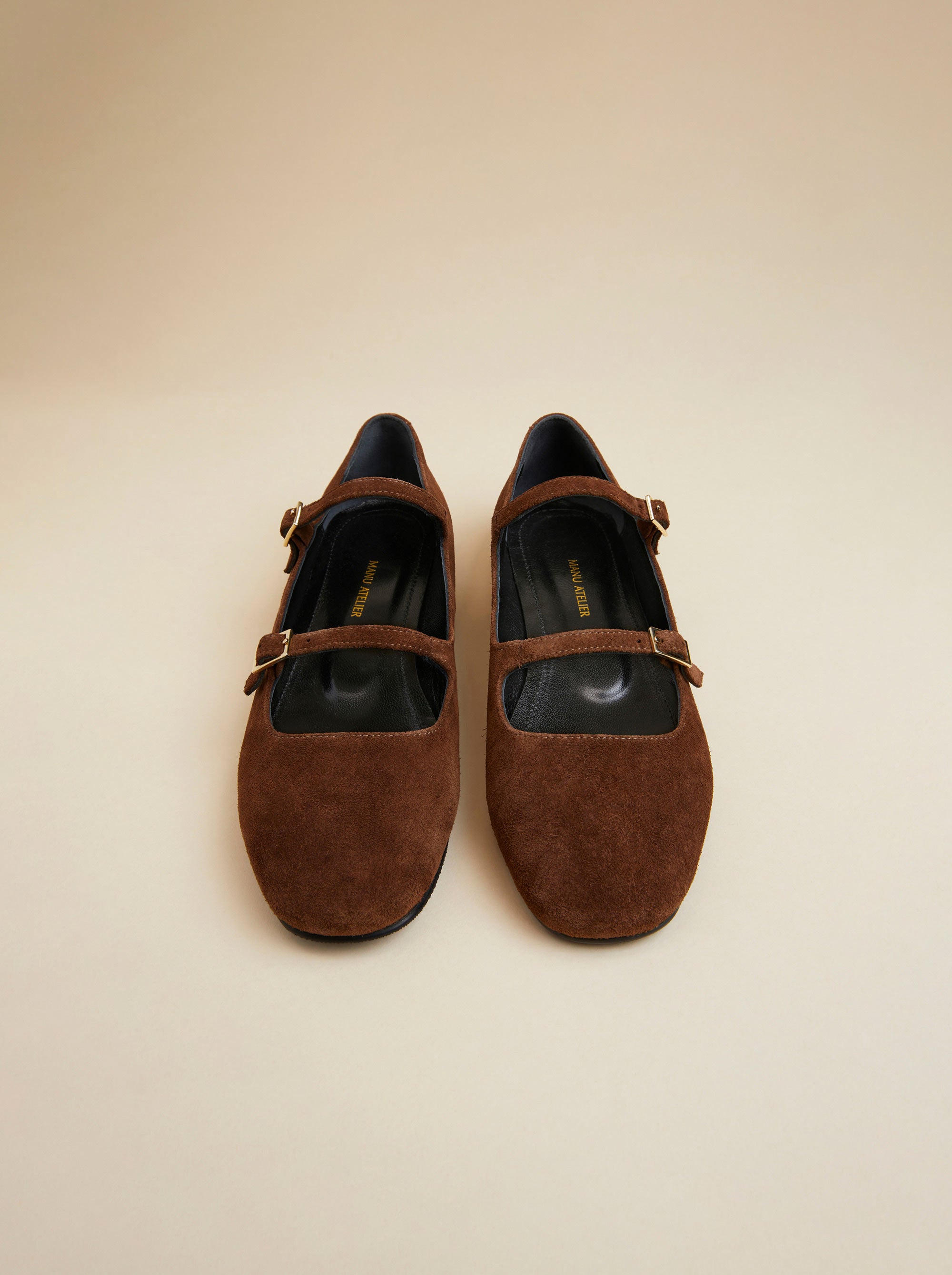 Manu Ballet Flats With Double Belt Chocolate Suede