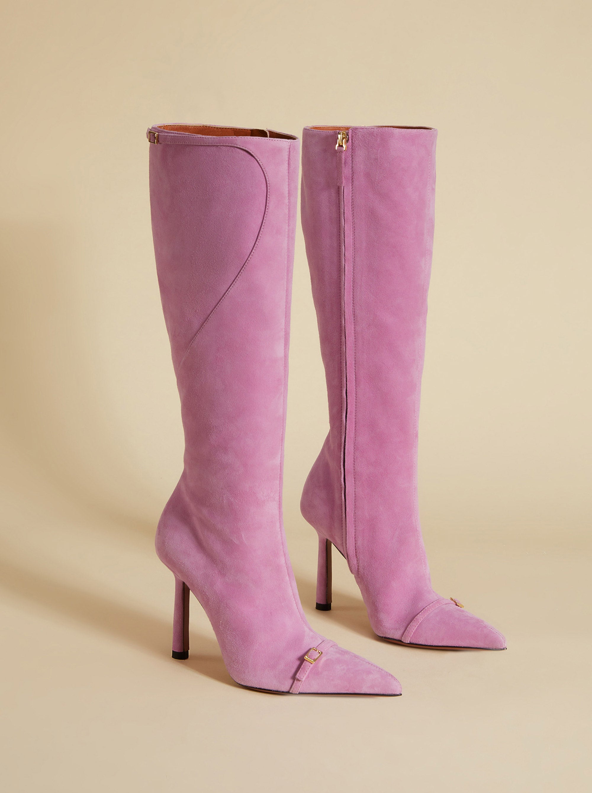 Knee High Pointy Toe Boots Cyclamen Suede