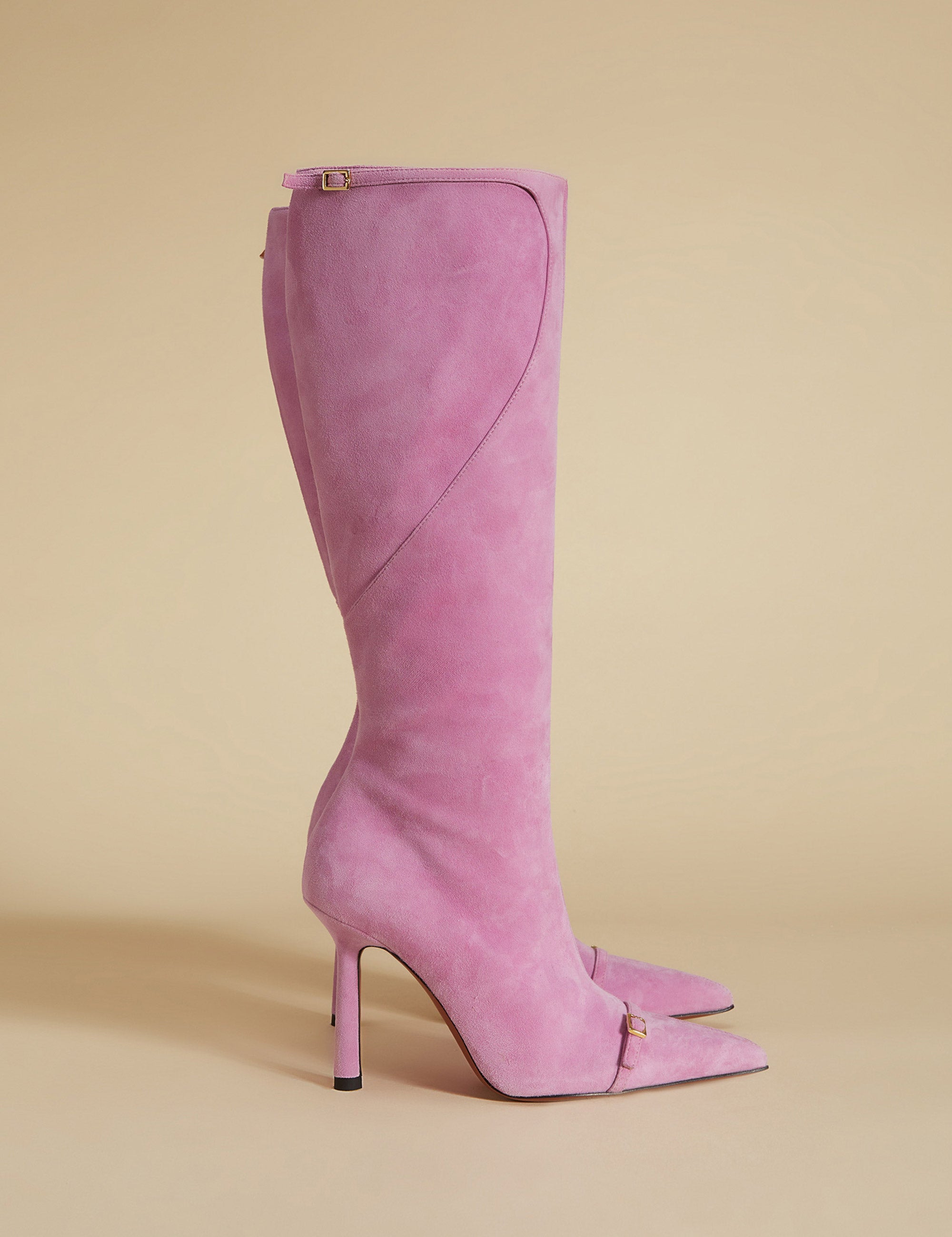 Knee High Pointy Toe Boots Cyclamen Suede Side