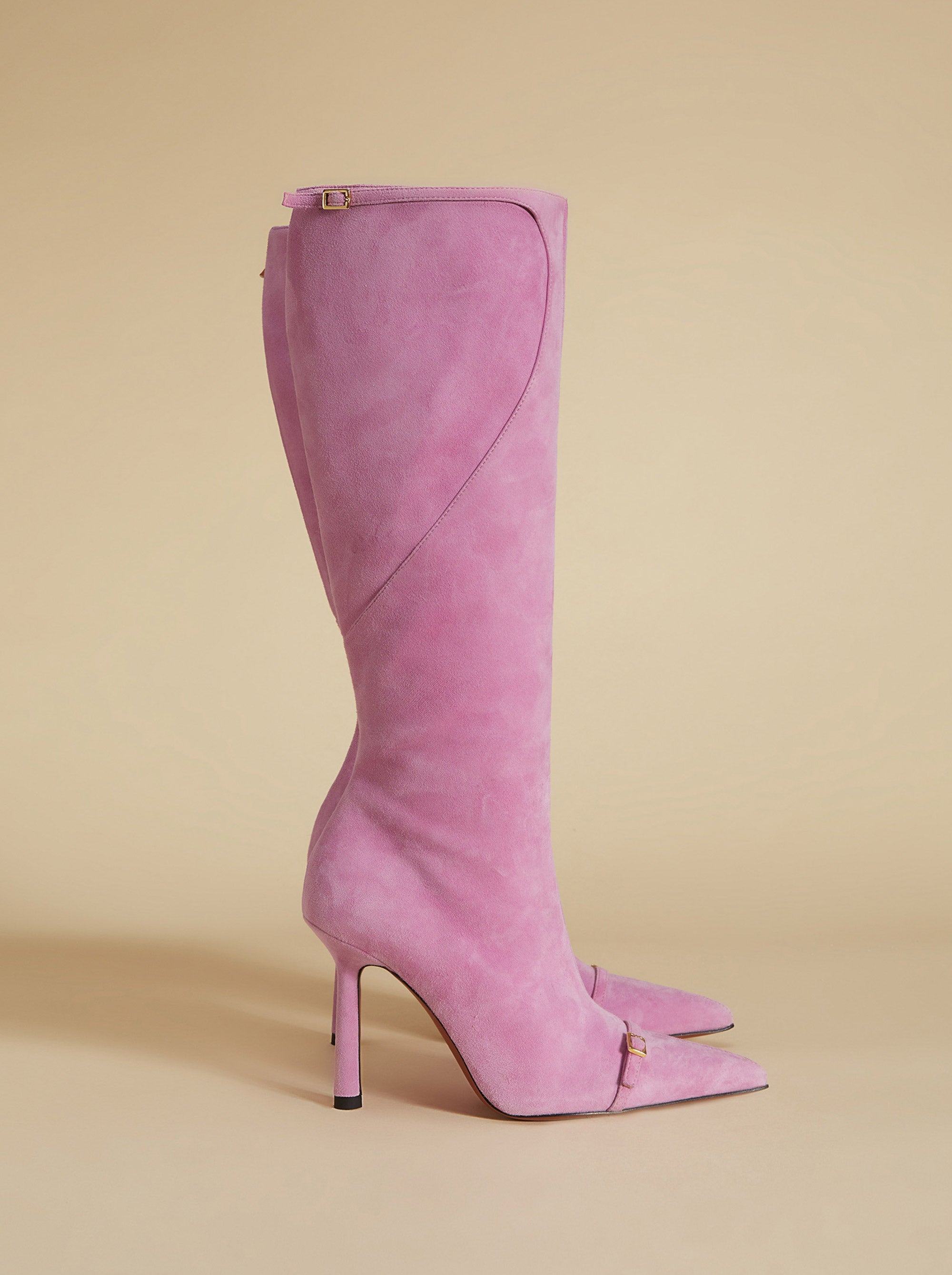 Knee High Pointy Toe Boots Cyclamen Suede Side