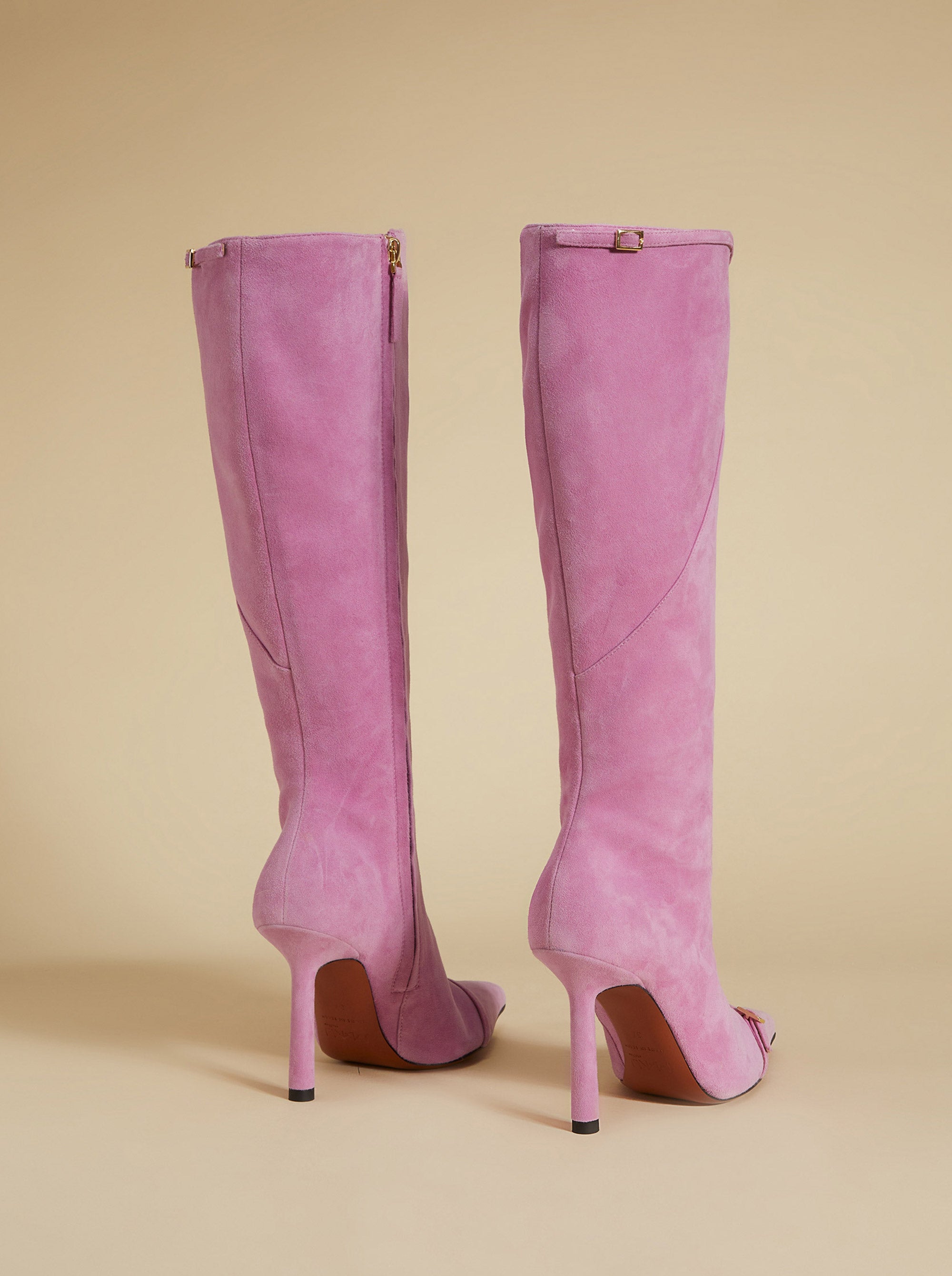 Knee High Pointy Toe Boots Cyclamen Suede Back