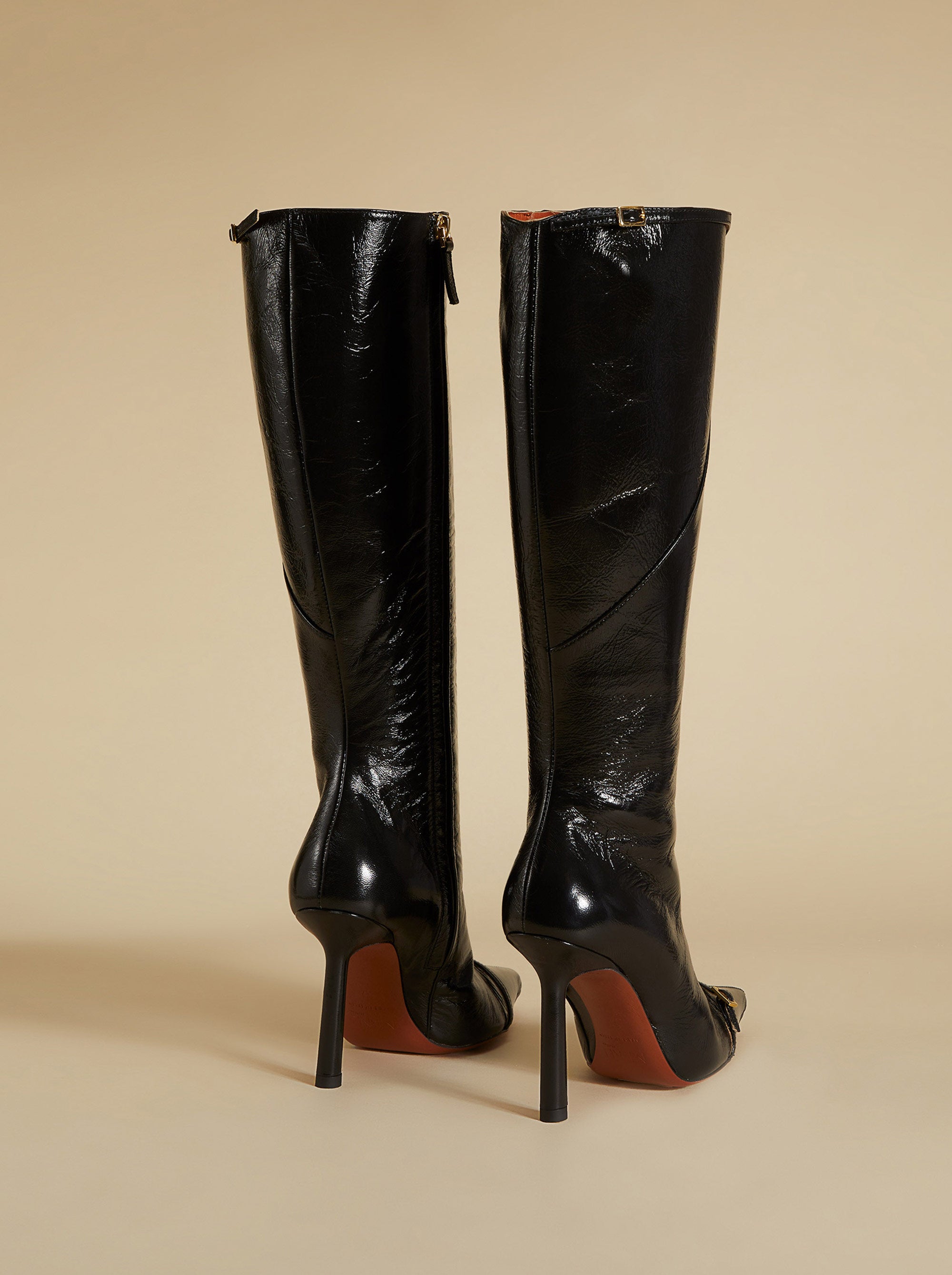 Knee High Pointy Toe Boots Black High Gloss Back