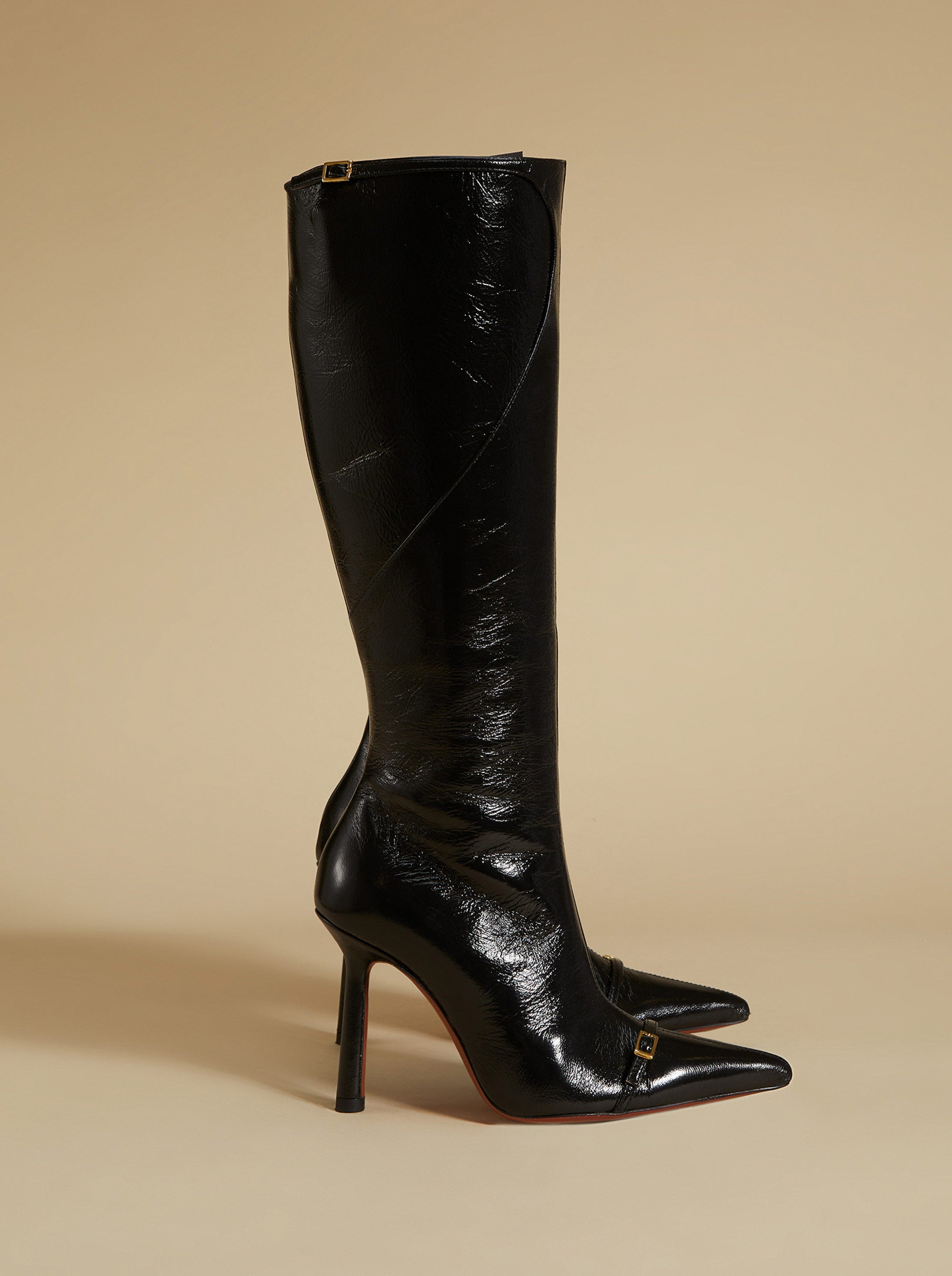 Knee High Pointy Toe Boots Black High Gloss Side